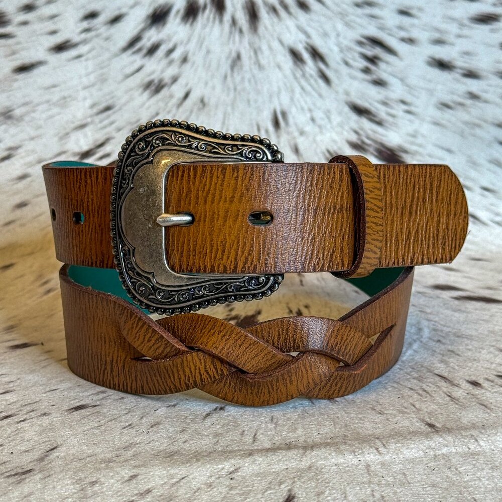 NEW Women's Ladies Genuine Leather Braided Belt + Floral Buckle (Medium)